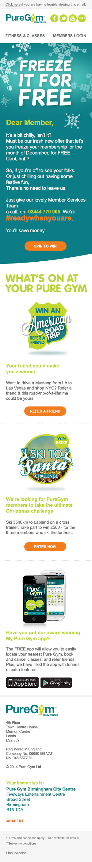 PureGym: Marketing - Freeze it For Free Email - Mobile